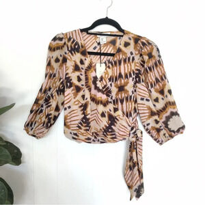 Rachel Zoe Tie Waist Cropped Top Size S 3/4 Puff Sleeve Faux Wrap Animal Print